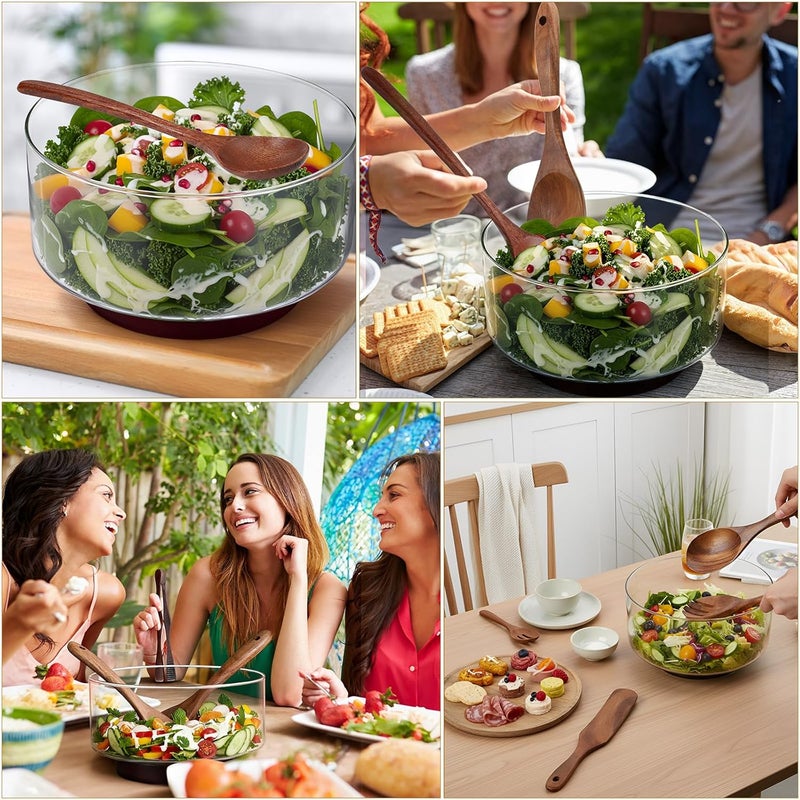 FoldTier Large Glass Salad Bowl Set, Party Salad Bowl with Acacia Wood Base and Lid as Cheese Charcuterie Board and Plate, Comes with 5 Pieces Elegant Wood Serving Utensils - Image 5